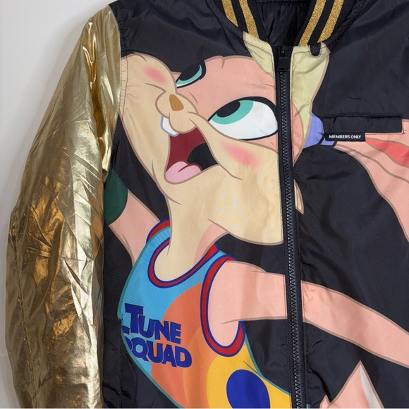 Space Jam Gold Black Tune Squad Jacket Womens Medium Movie Warner Cartoon Bomber - Picture 7 of 13